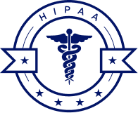 Blue HIPAA badge with caduceus symbol centered, stars below, and banners on each side.