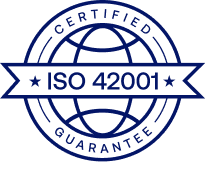 Blue circular badge with globe and text Certified Guarantee ISO 42001.