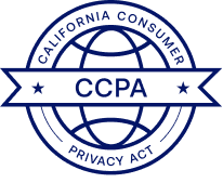 Blue circular badge with globe and banner reading CCPA representing California Consumer Privacy Act.