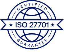 Blue circular seal with globe outline and banner reading ISO 27701 certified guarantee.