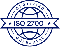 Certified ISO 27001 guarantee badge with globe and stars in blue and white.