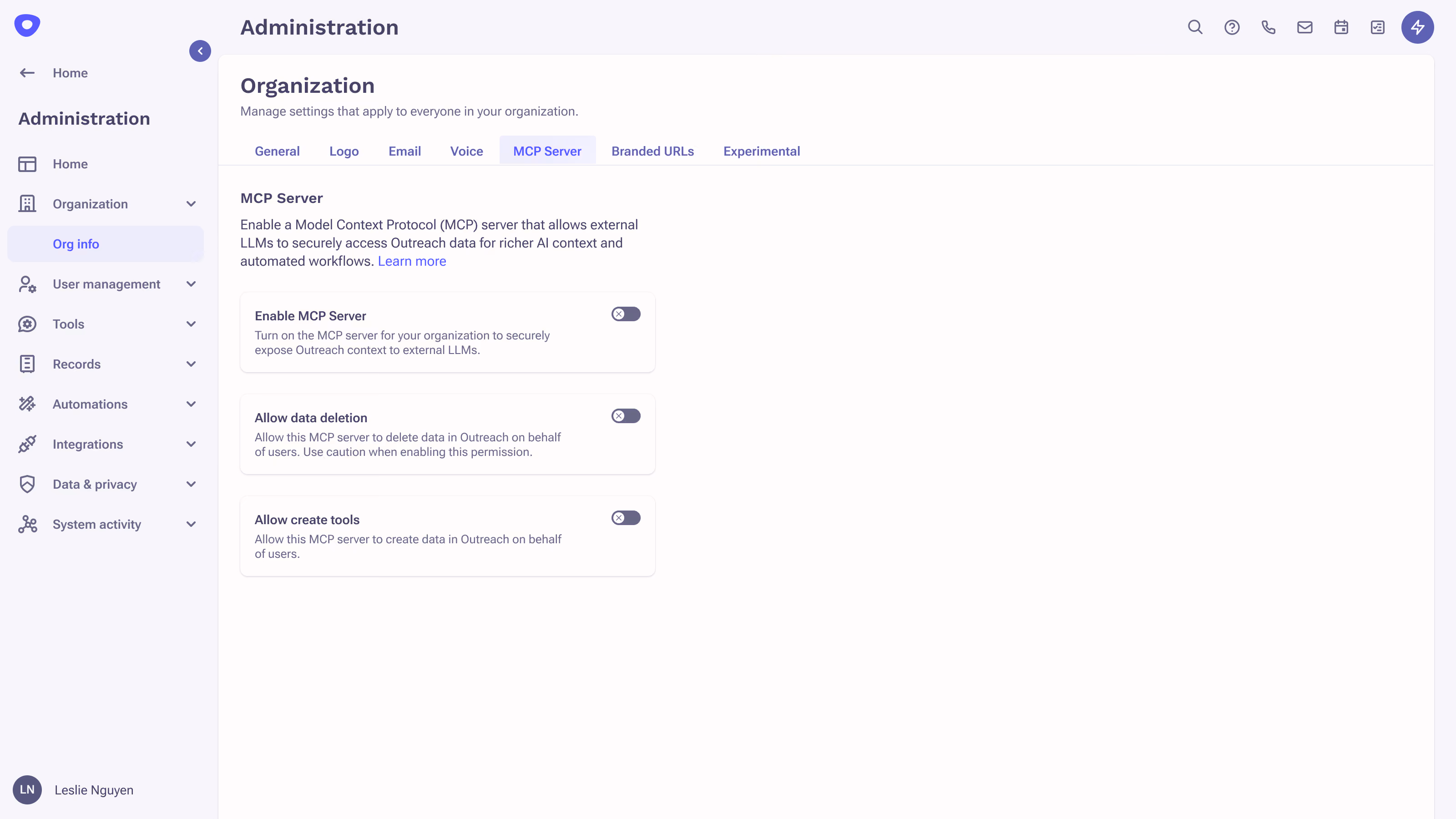 screenshot of the MCP Server for Outreach
