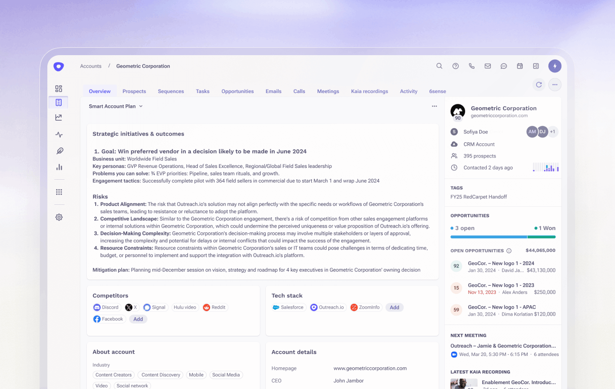 Outreach Account Management capabilities including Smart Account Plans, competitors, tech stacks, opportunities and more