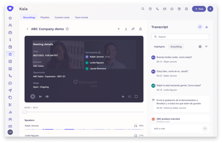 Kaia transcript in Spanish French German