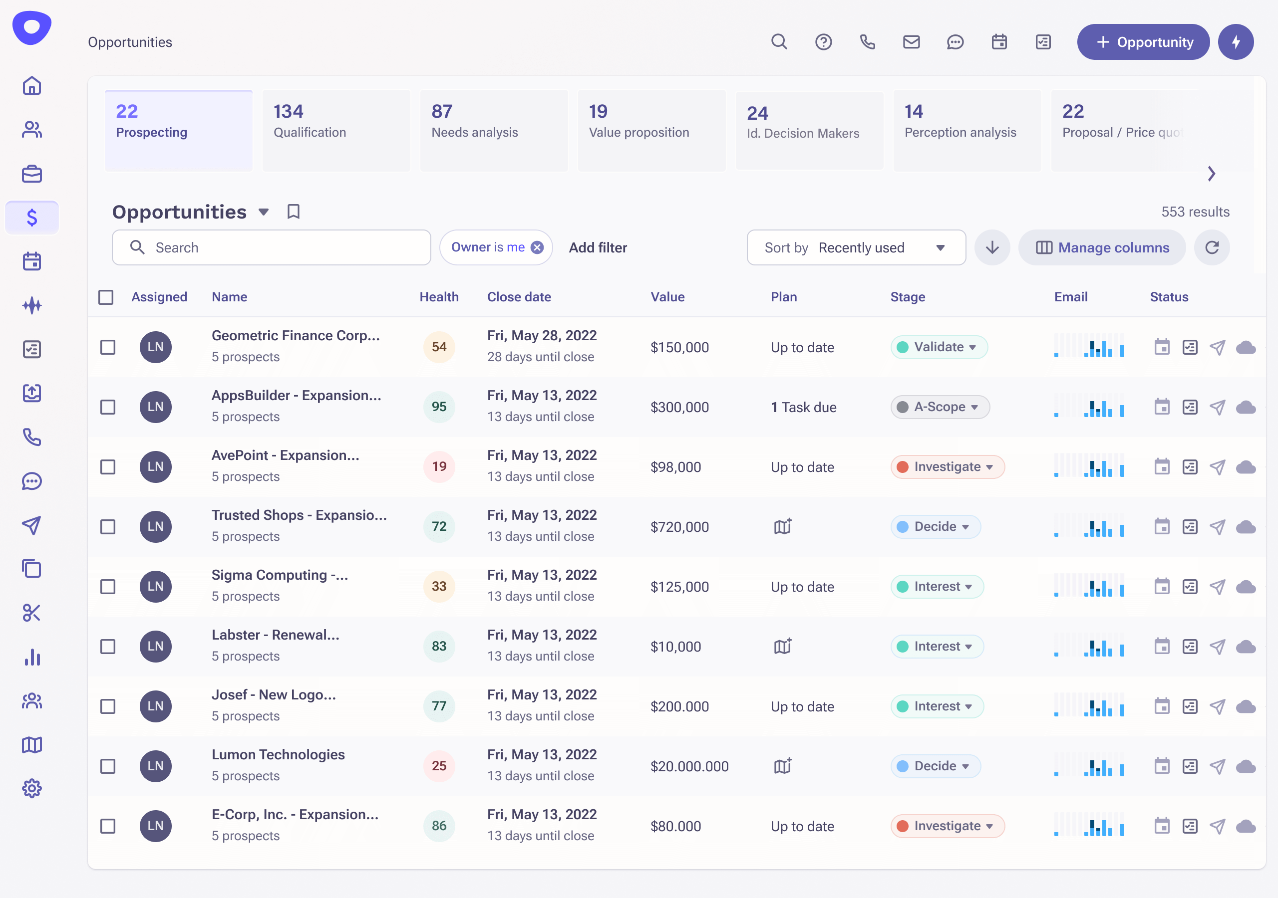 Opportunities list view