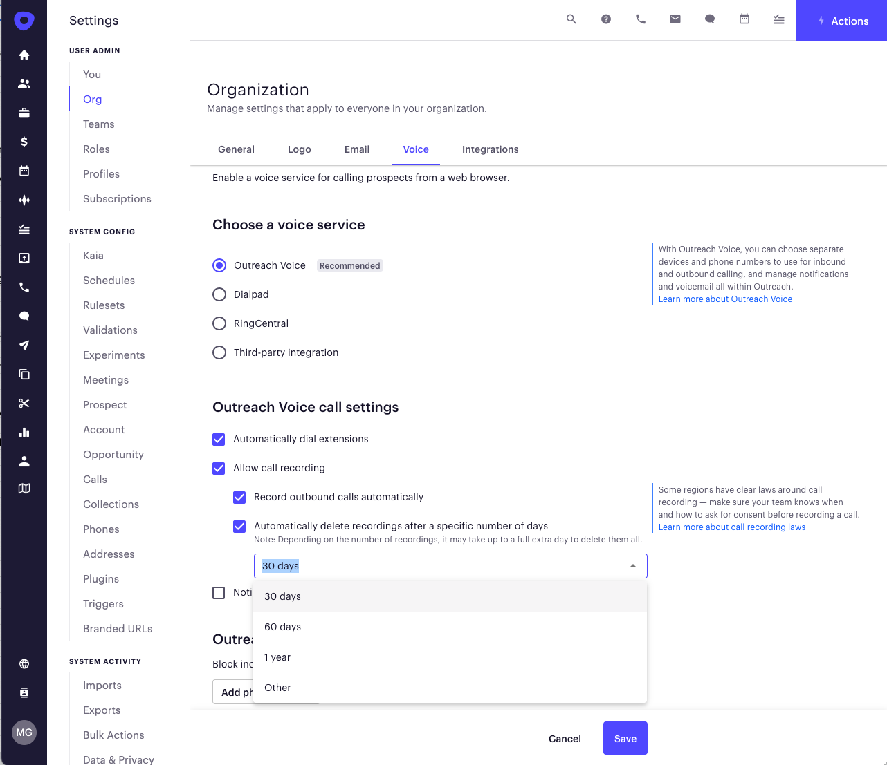 Data Retention for Outreach Voice