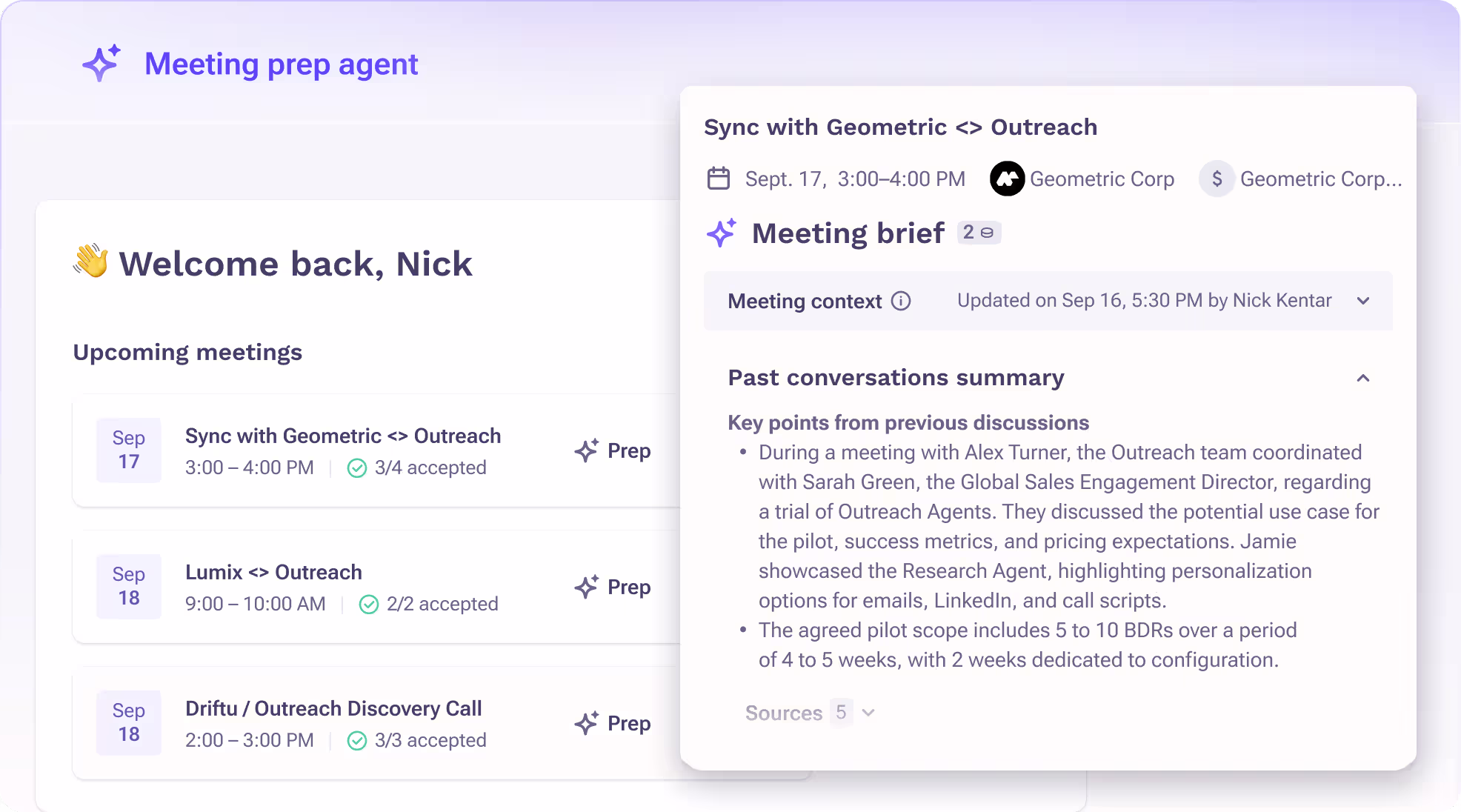 AI meeting prep agent generating a meeting brief with past conversation insights, account context, and recommended talking points for sales calls