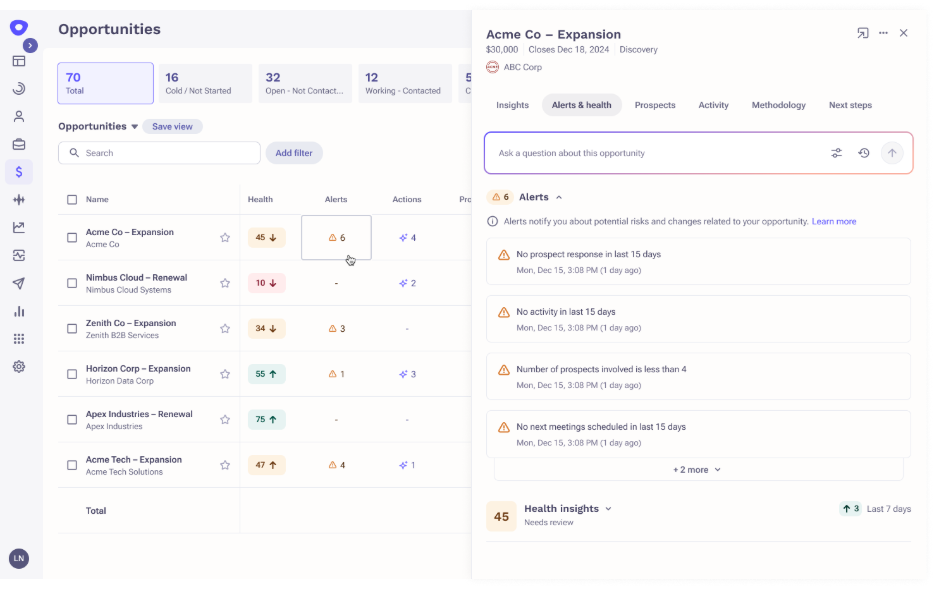 Outreach Deal Alerts highlighting risk signals and opportunity health insights to improve pipeline outcomes