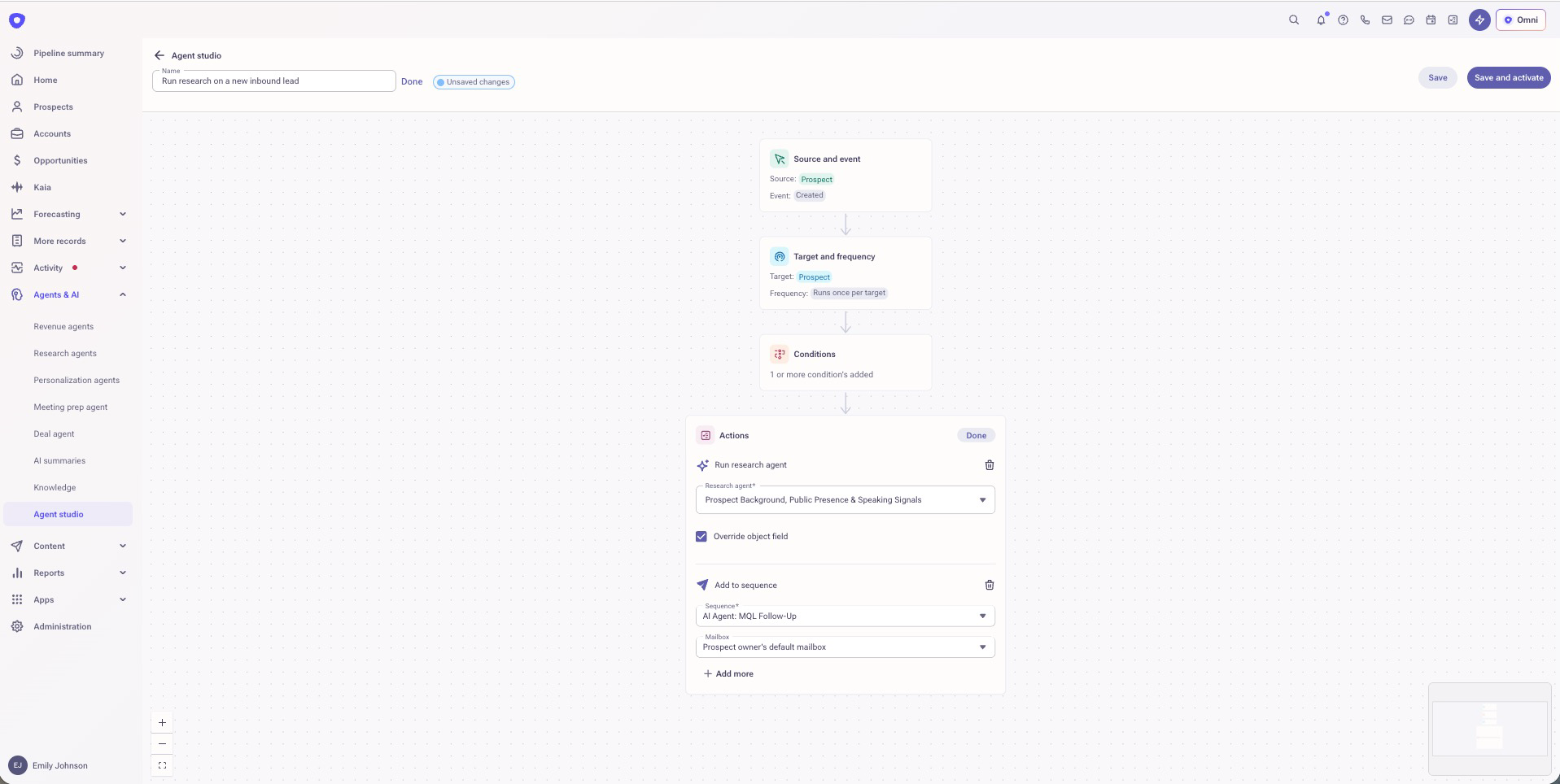 Outreach Agent Studio interface for building AI agents to automate prospect research and revenue workflows