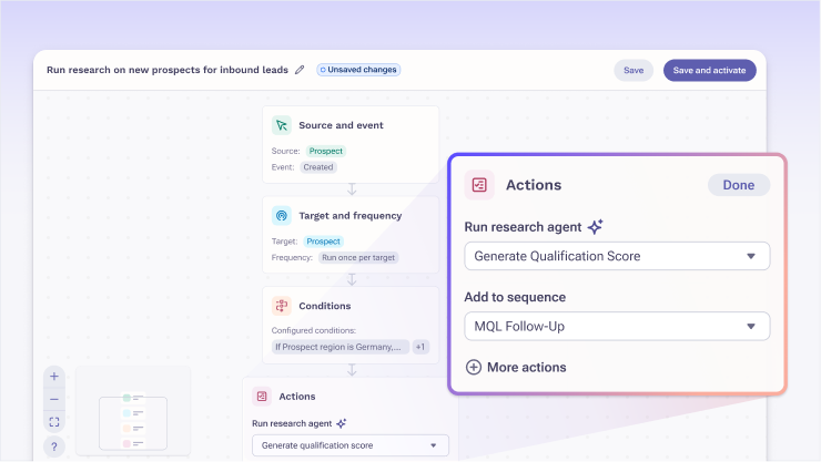 Agent Studio visual workflow builder showing AI-powered sales automation with triggers and actions 