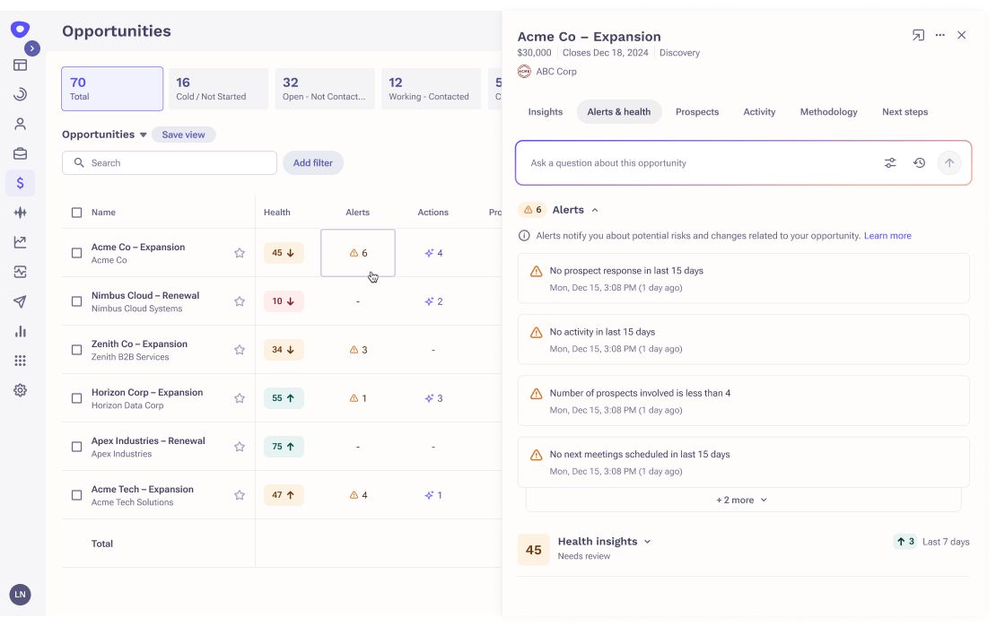 Sales pipeline dashboard with AI-generated alerts highlighting deal risk signals, inactivity, and missing next steps to enable proactive action