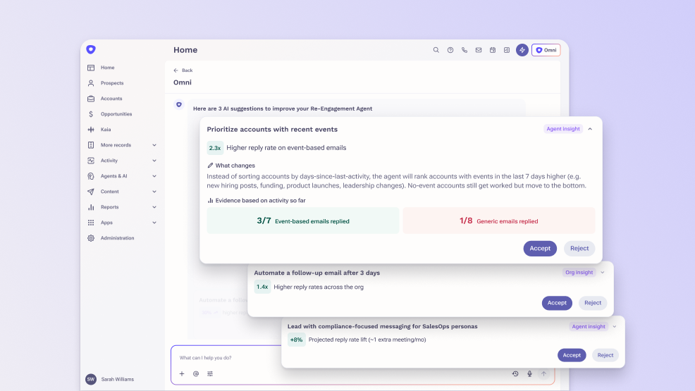 Outreach Omni interface displaying AI-generated recommendations that prioritize accounts and suggest next actions based on real-time sales activity and engagement data
