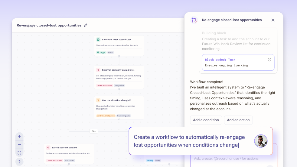 Agent Studio workflow showing automated re-engagement of closed-lost deals using triggers, conditions, and context-aware actions