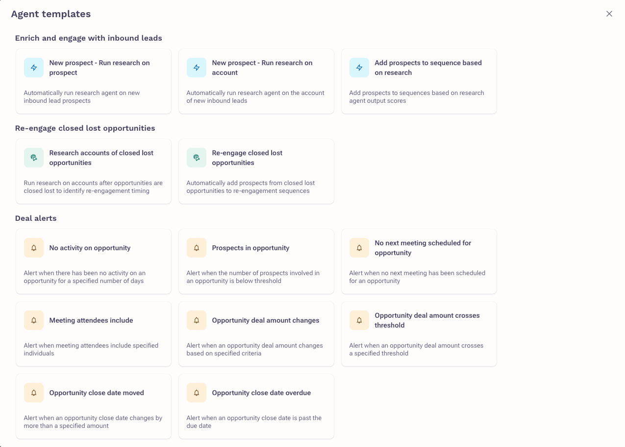 AI agent workflow templates in Outreach Agent Studio showing pre-built automation for inbound leads, re-engagement, and deal alerts