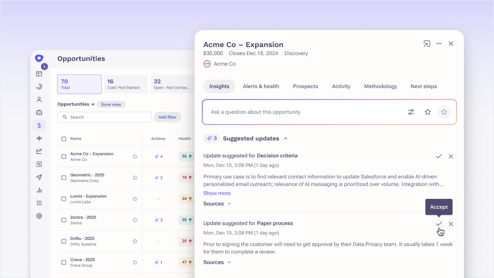 Deal Agent interface showing AI-recommended updates to opportunity fields and real-time deal summaries inside Outreach)