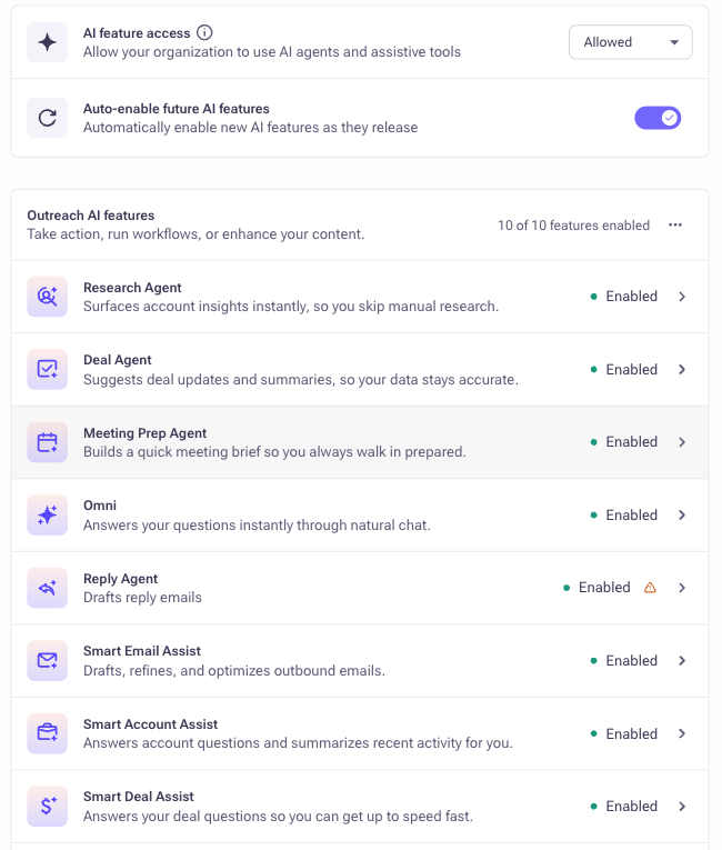 Outreach Features page listing AI agents and assistants with their status and an auto-enable setting for new features