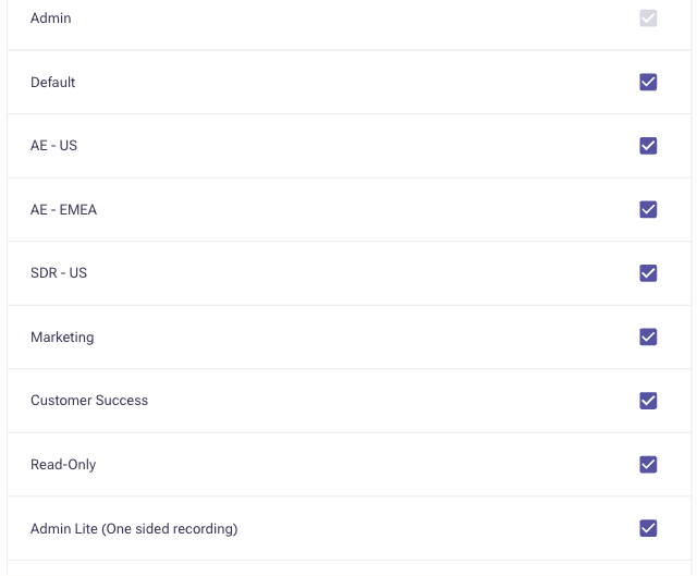 Profile assignment list showing teams such as AE – US, AE – EMEA, SDR – US, and Customer Success