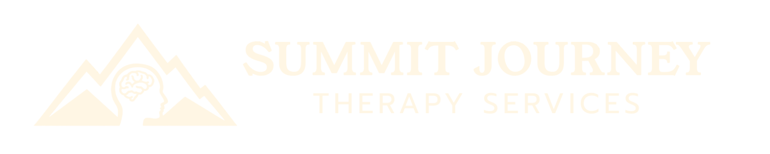 Logo with mountain peaks and a human head silhouette containing a brain, next to the text 'Summit Journey Therapy Services'.