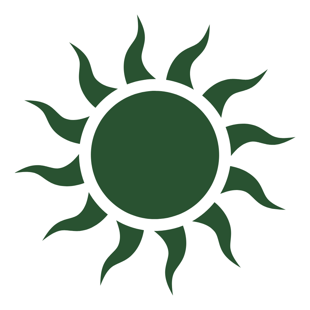 Stylized dark green sun icon with wavy rays extending from a circular center.