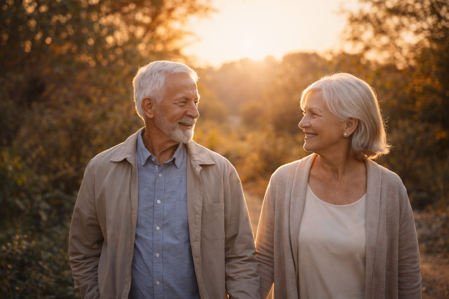 A senior couple holding hands