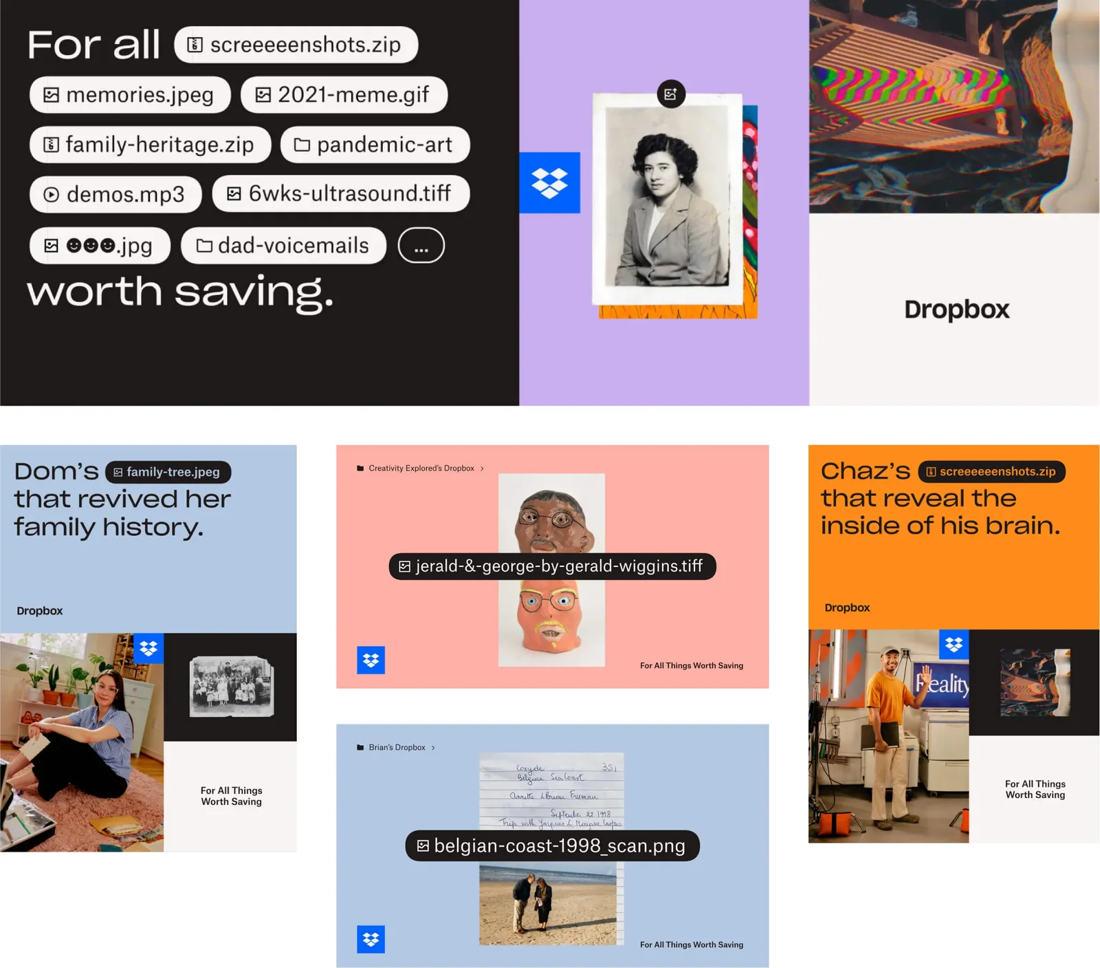 Dropbox campaign board showing the For All Things Worth Saving creative across formats