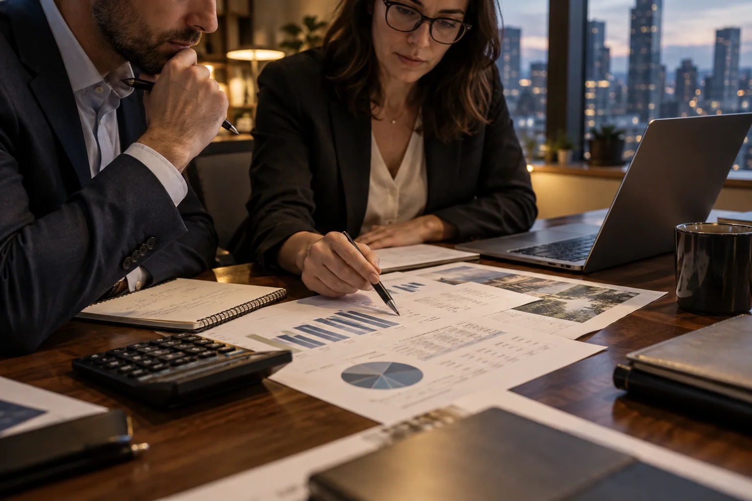 Financial planning documents being reviewed at a warmly lit working table