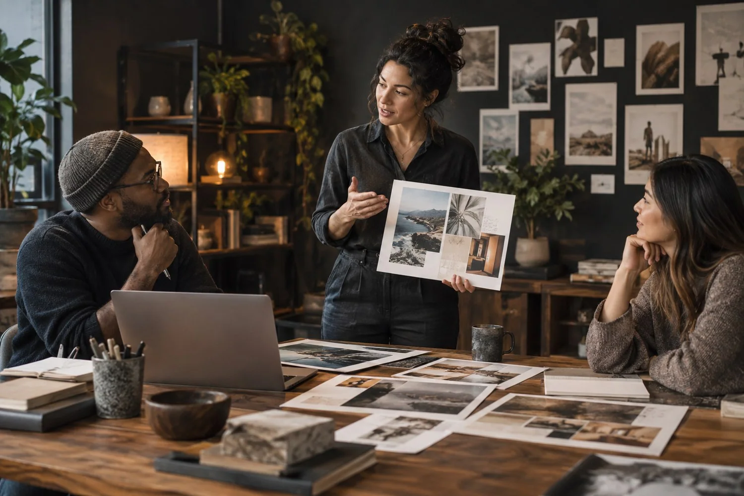 Marketing colleagues reviewing campaign photographs in a warmly lit studio