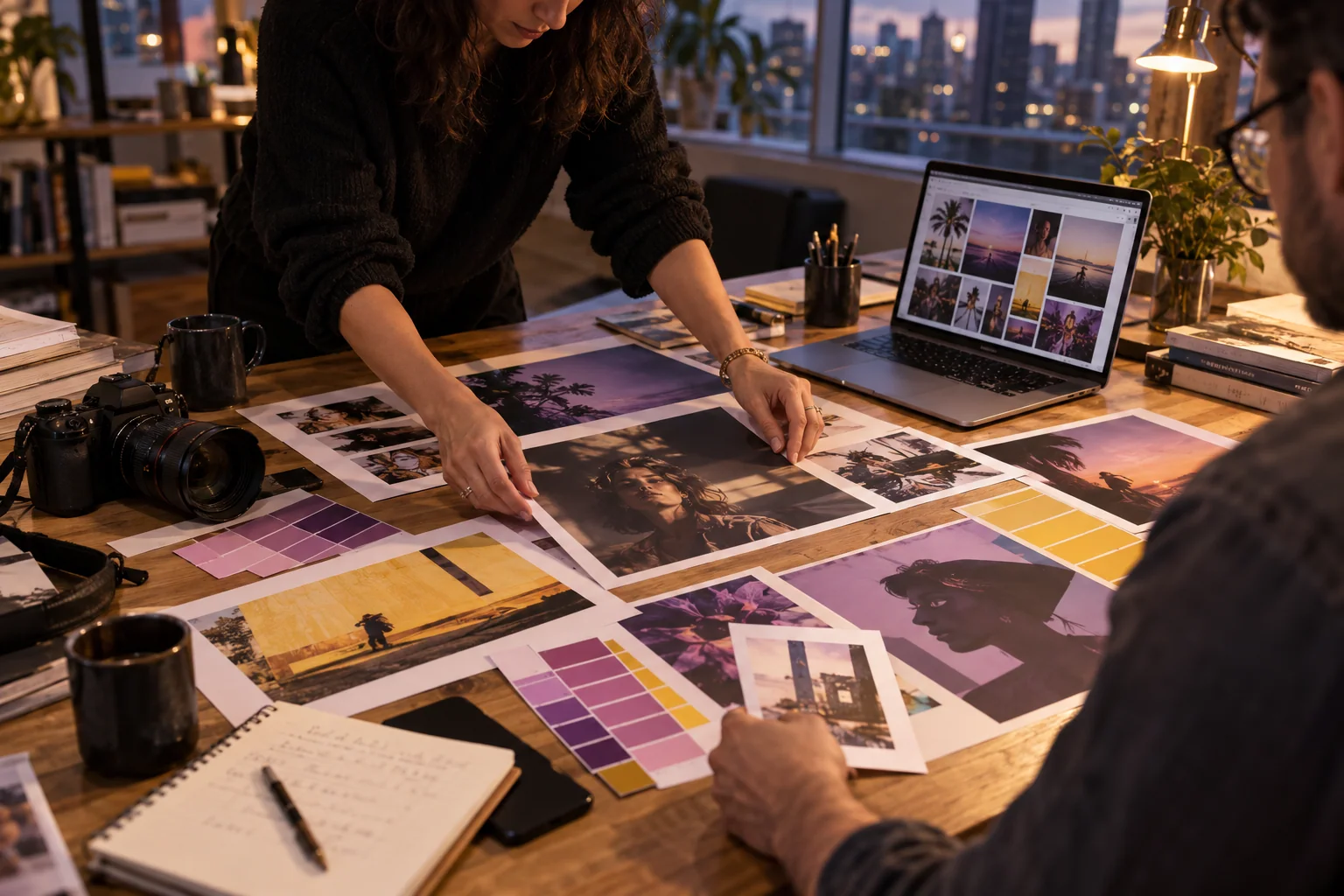 Campaign photographs and color swatches being reviewed in a creative workspace