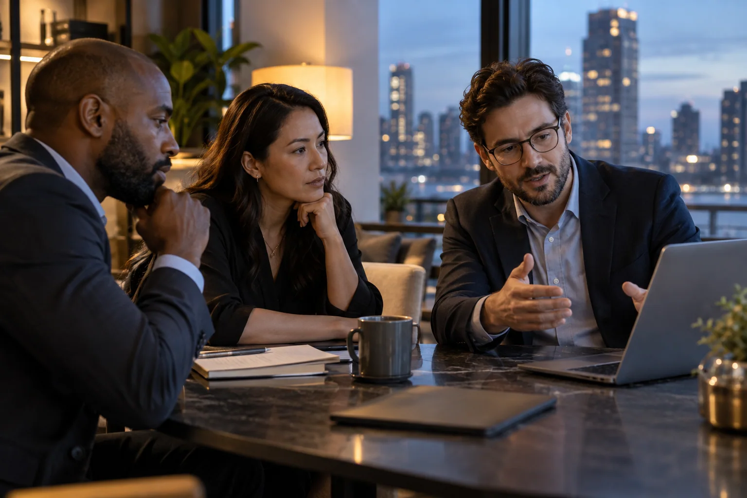 Professionals discussing a proposal together in an evening working session