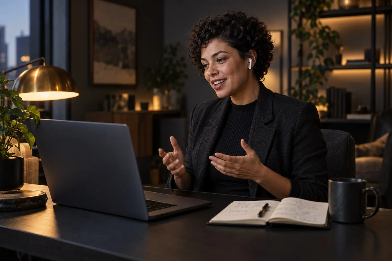 Commercial professional in a customer conversation at a warmly lit workspace