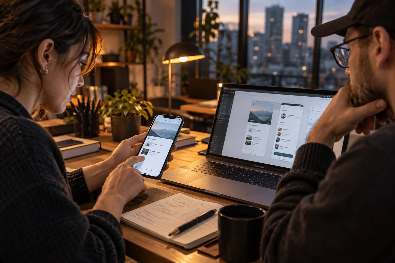 Designer and engineer testing a mobile app prototype on a phone and laptop
