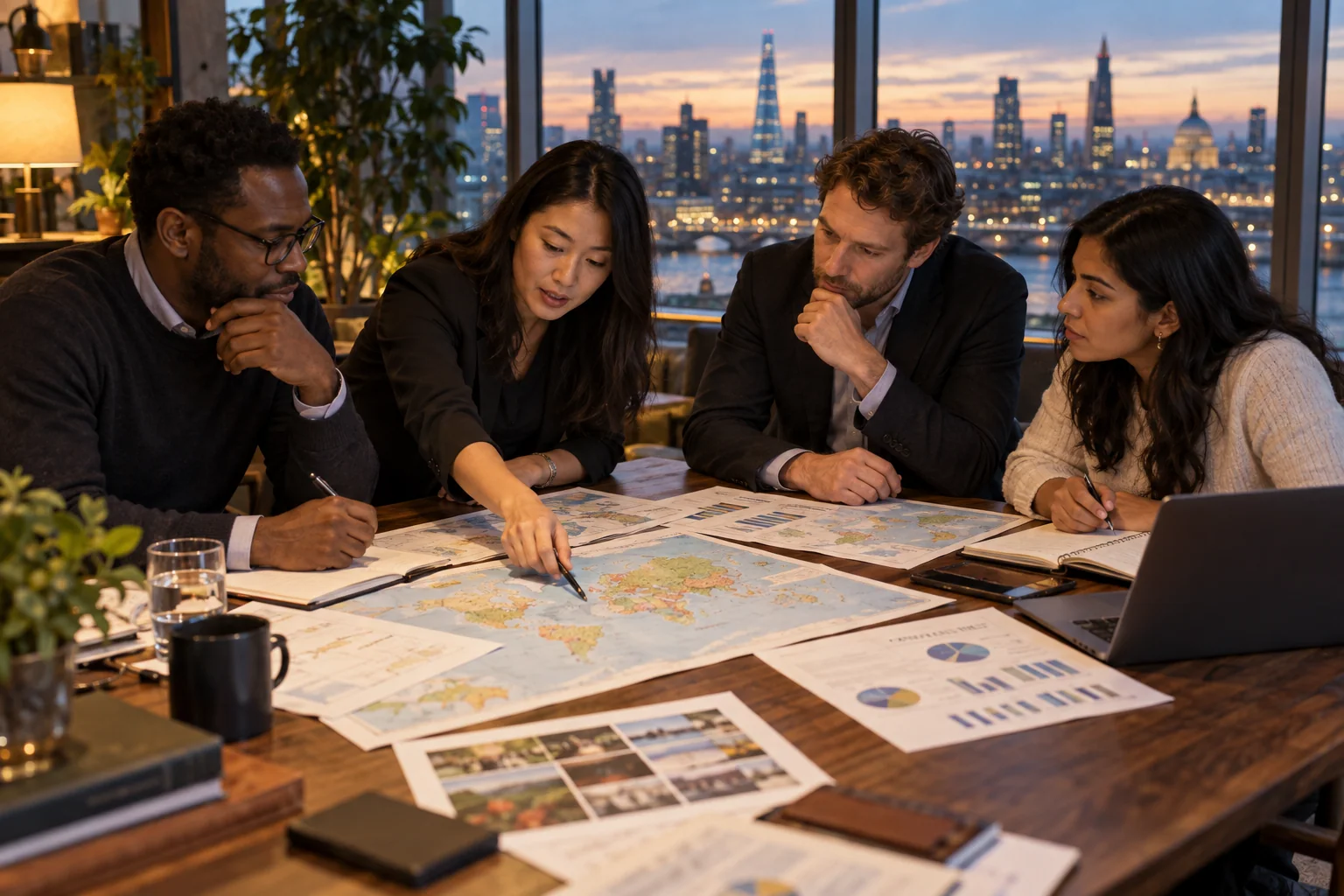 Team reviewing market research and geographic maps