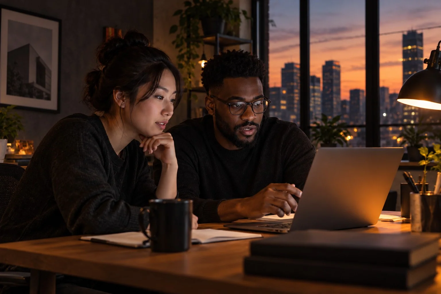 Two colleagues reviewing a workflow together beside a warmly lit desk