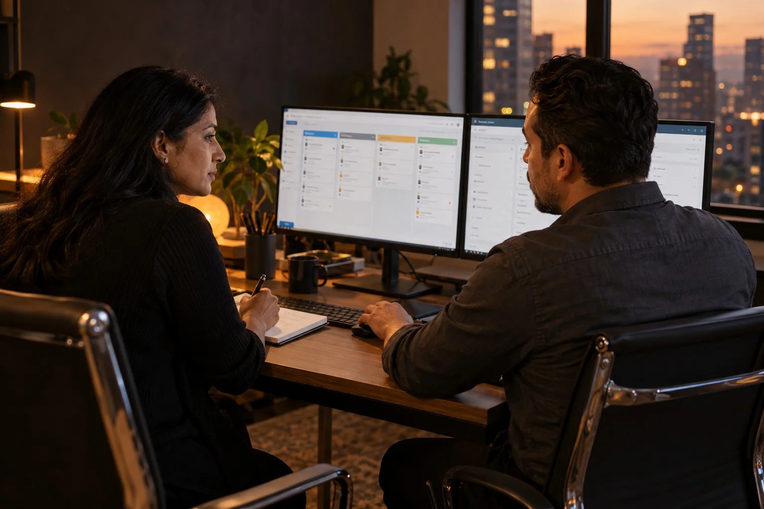 Revenue operations colleagues reviewing CRM workflows in a warm evening office