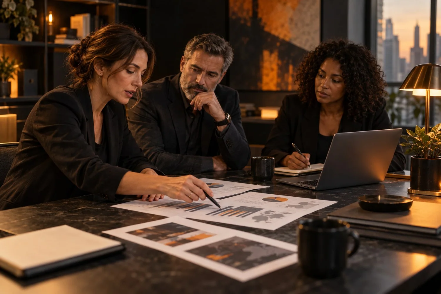 Business colleagues reviewing plans together in warm evening light