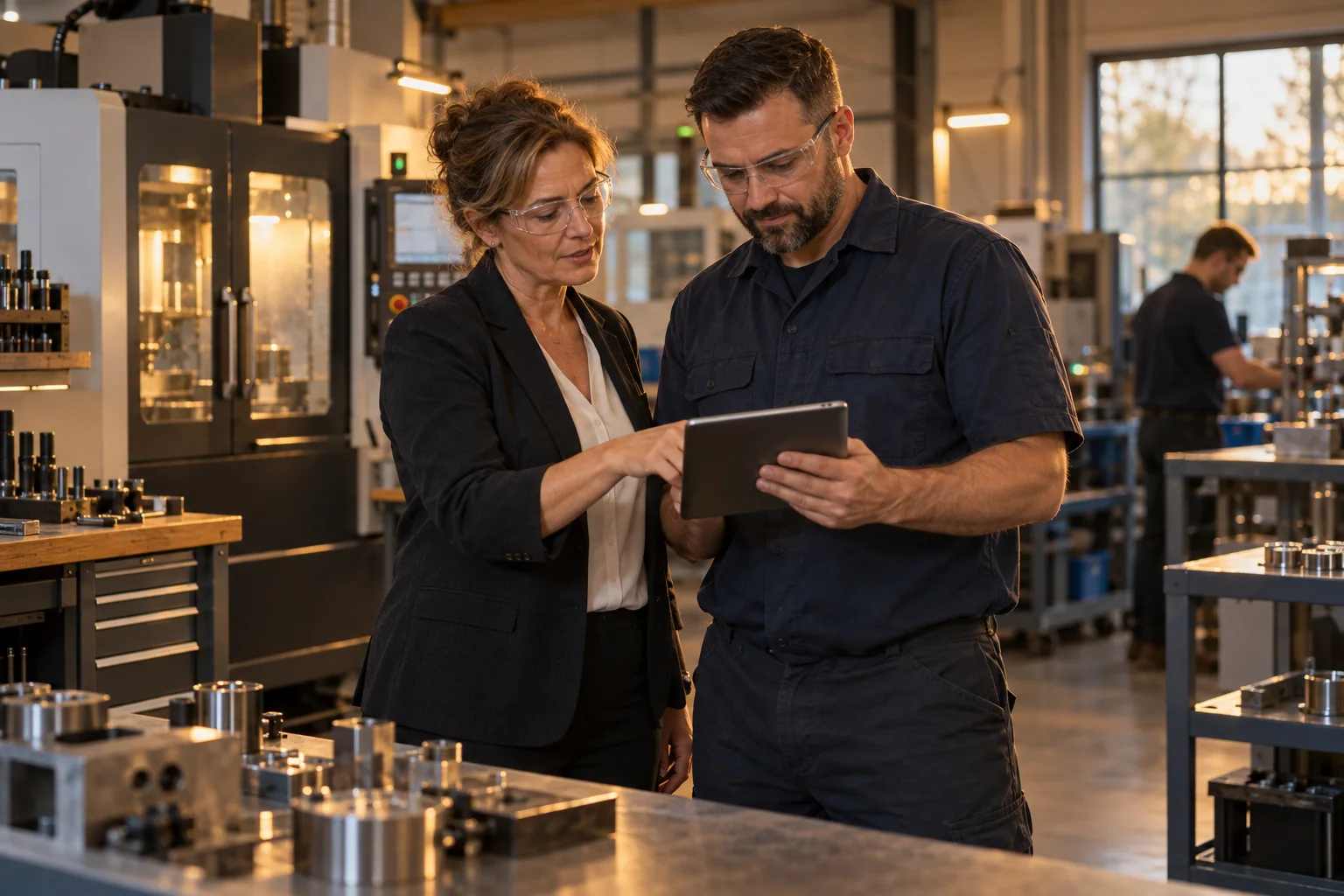 Business owner and operations manager reviewing a tablet in a precision manufacturing workshop