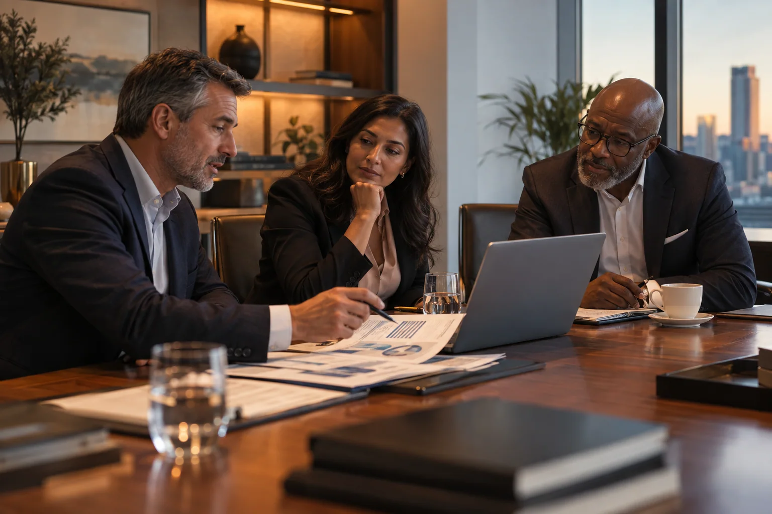 Business leaders reviewing financial plans in a portfolio operating discussion