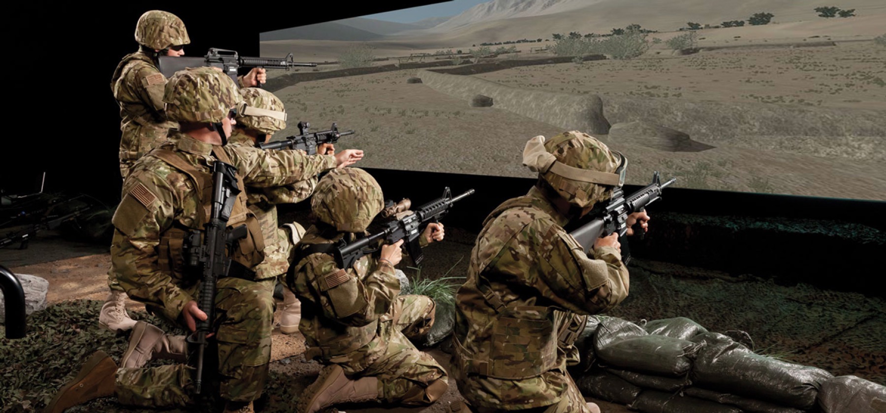 InVeris simulation system used for group military training in front of a panoramic screen