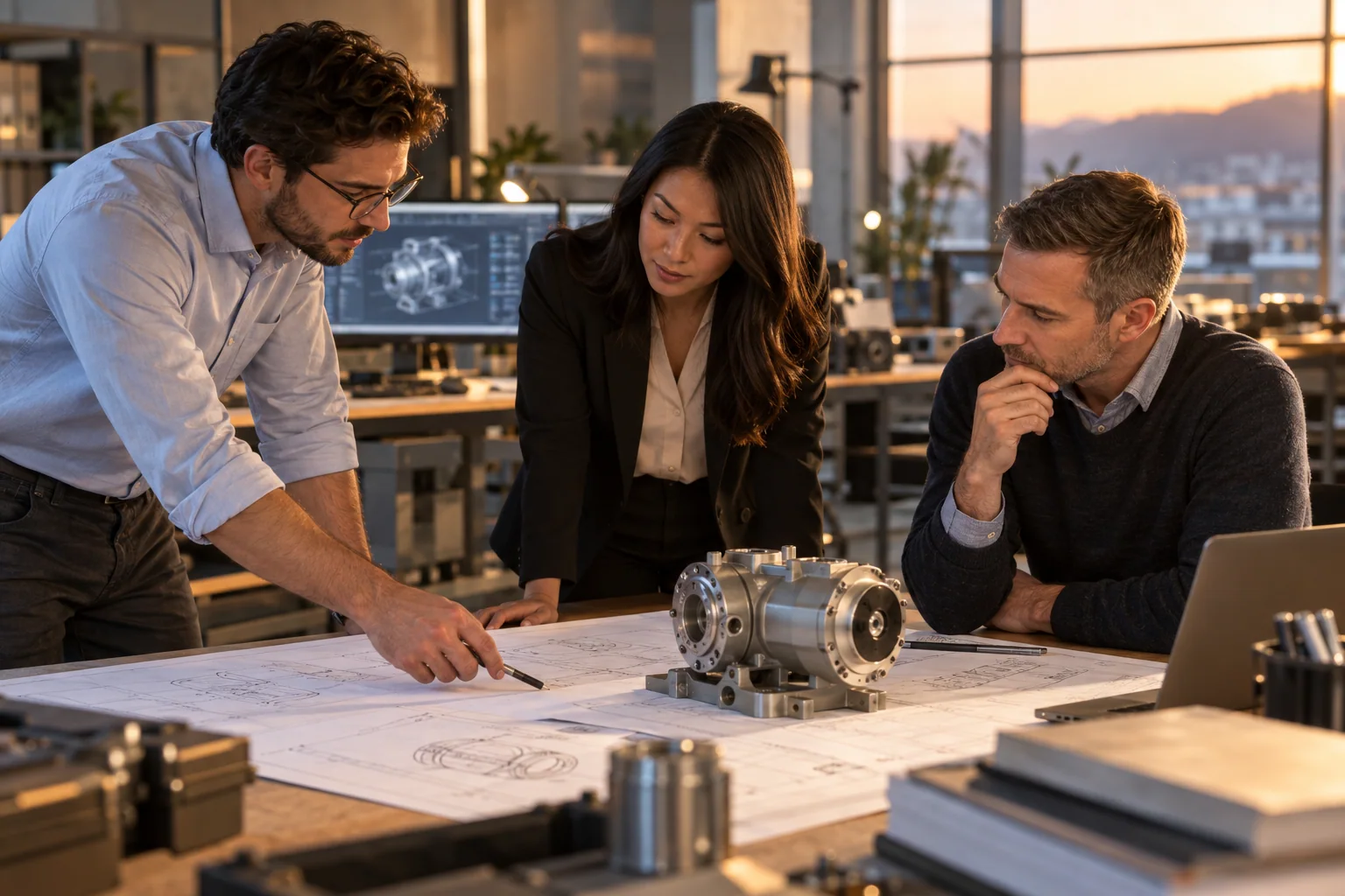Project manager and engineers reviewing a prototype and technical drawings