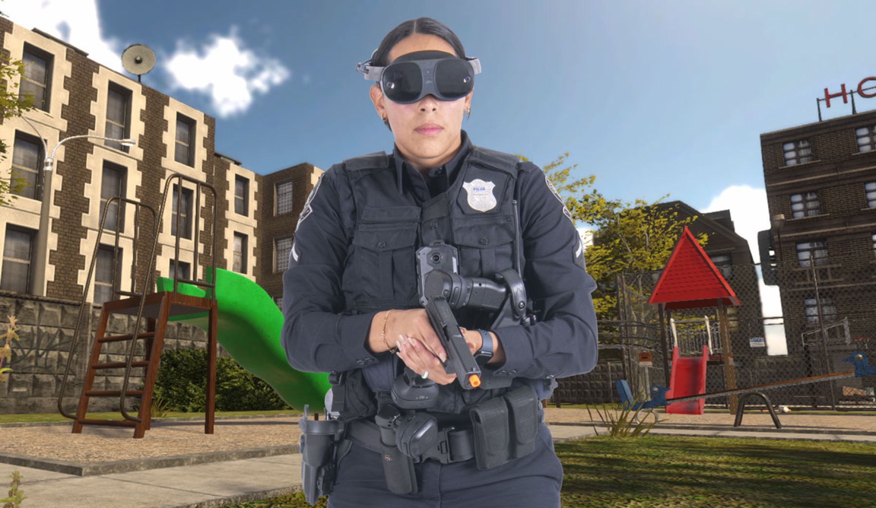 InVeris virtual reality training product visual featuring a public safety professional