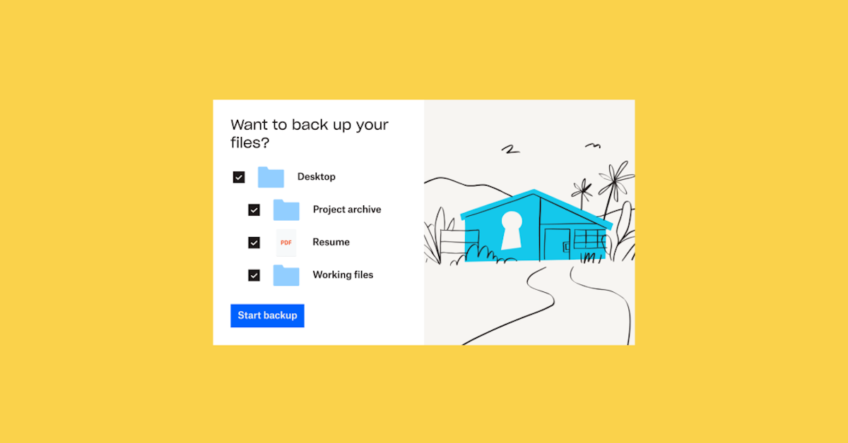 Dropbox Backup launch illustration showing a file backup selection interface