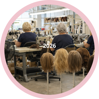 Hair salon workspace with two people working at sewing machines and mannequin heads with wigs in the foreground labeled 2026.