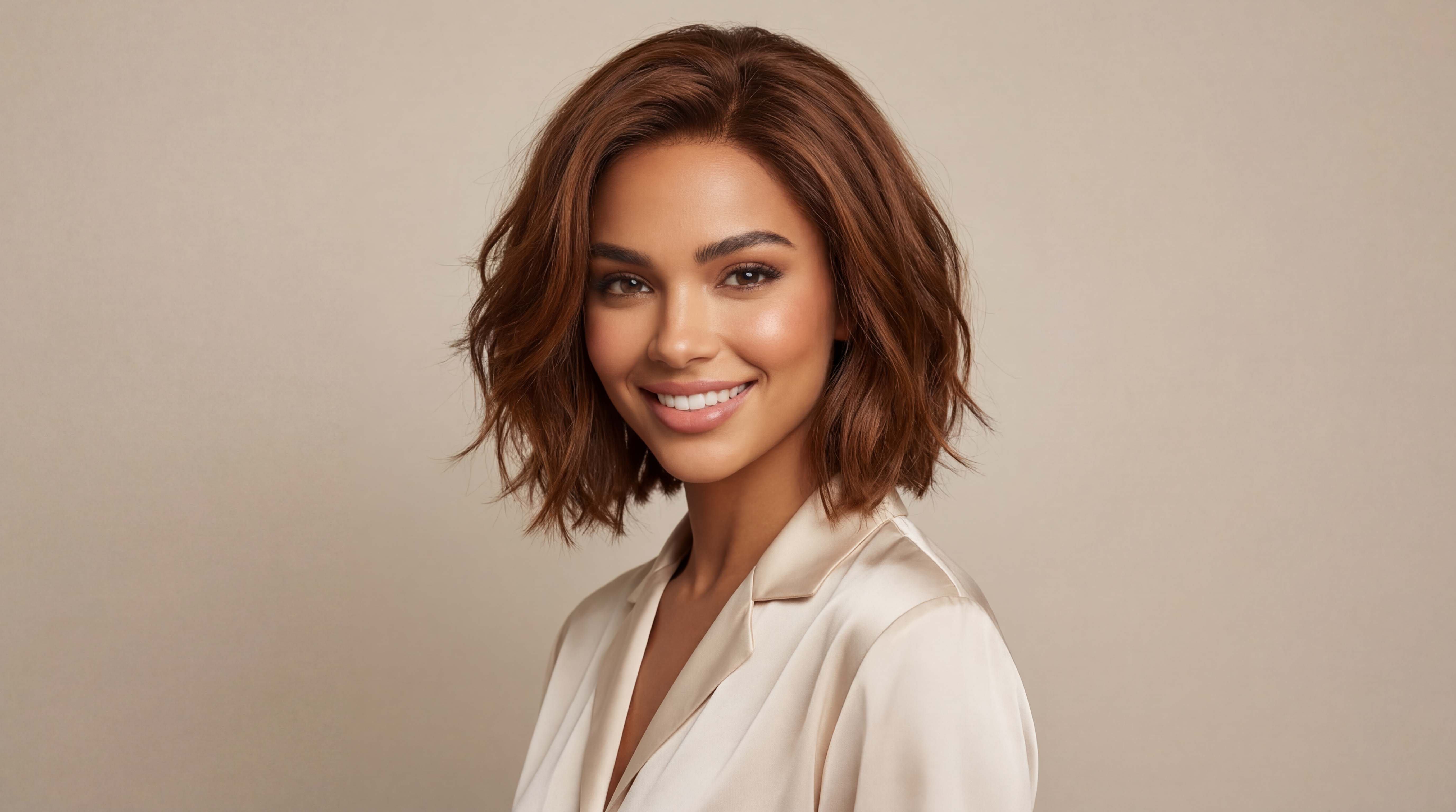 Smiling woman with wavy brown hair wearing a cream silk blouse against a beige background.
