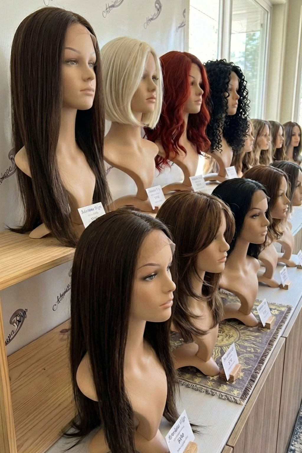 Display of mannequin heads wearing various wigs in different colors and styles arranged on shelves near a window.
