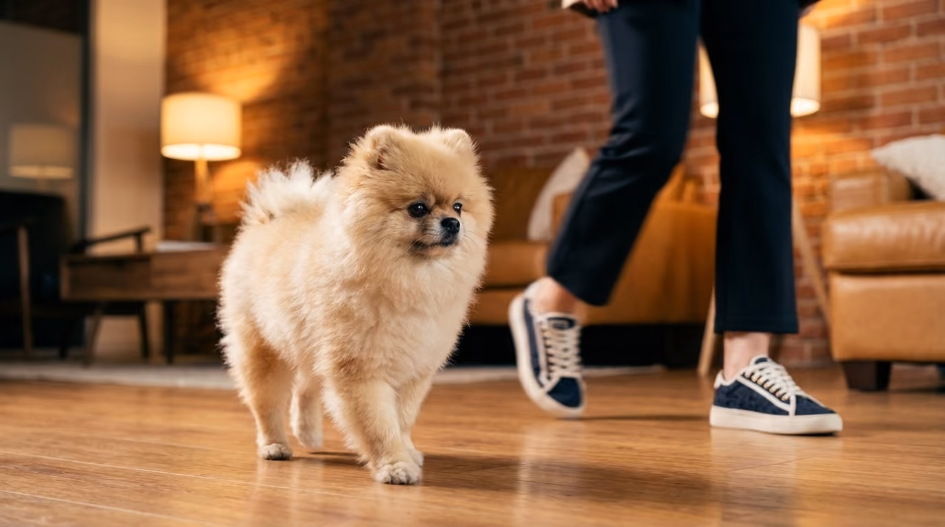A fluffy Pomeranian walking across the office floor beside a person's legs