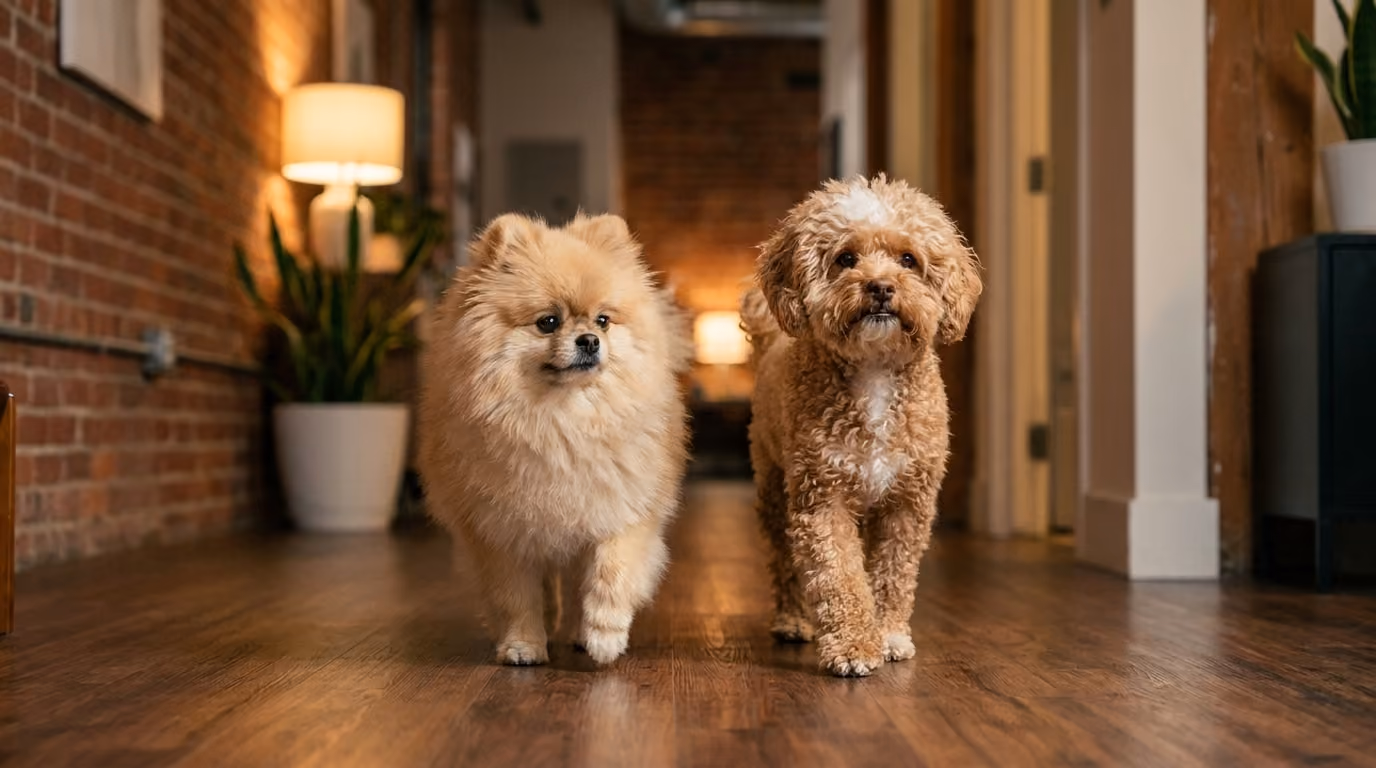 Two small dogs — a Pomeranian and a brown Cavapoo — walking side by side down an office hallway