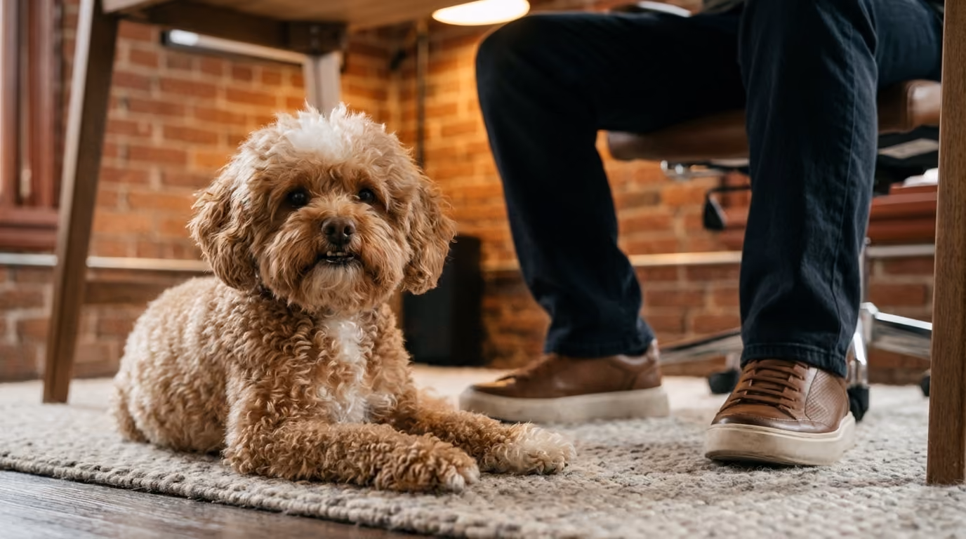 A curly brown Cavapoo lying on a rug beside someone seated at a desk