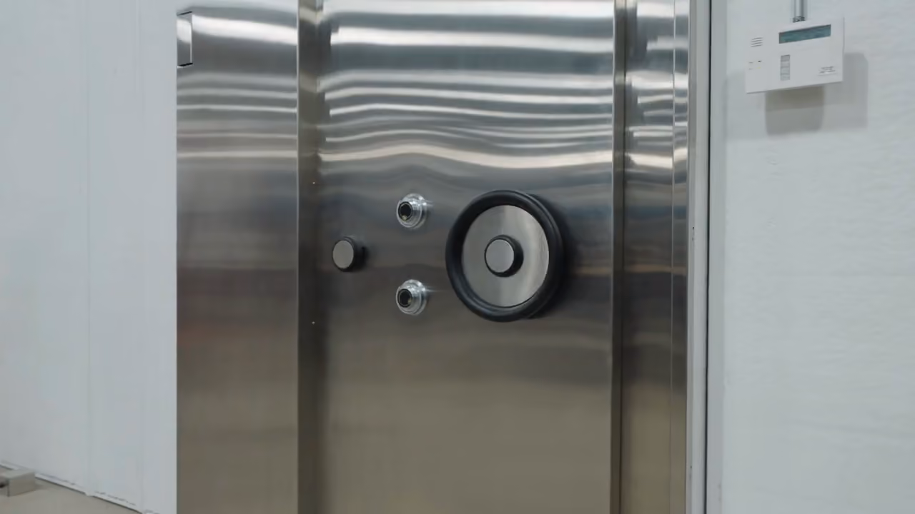 A stainless steel vault door with a combination dial
