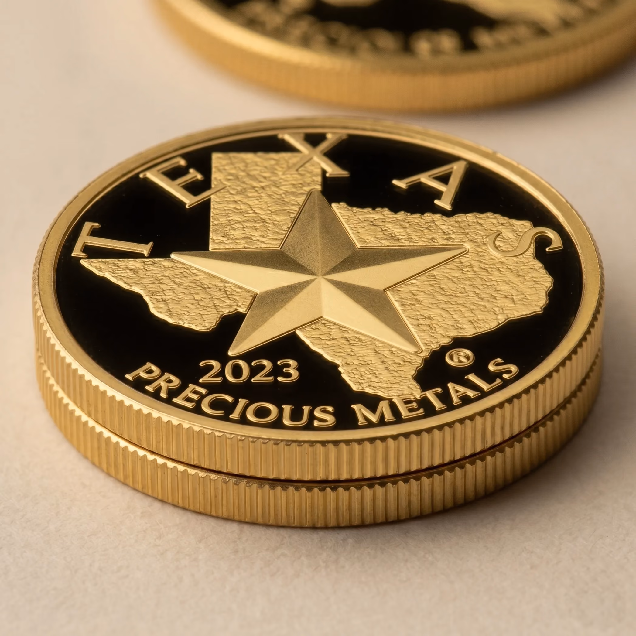 Close-up of gold Texas Precious Metals coins with the Texas map and star