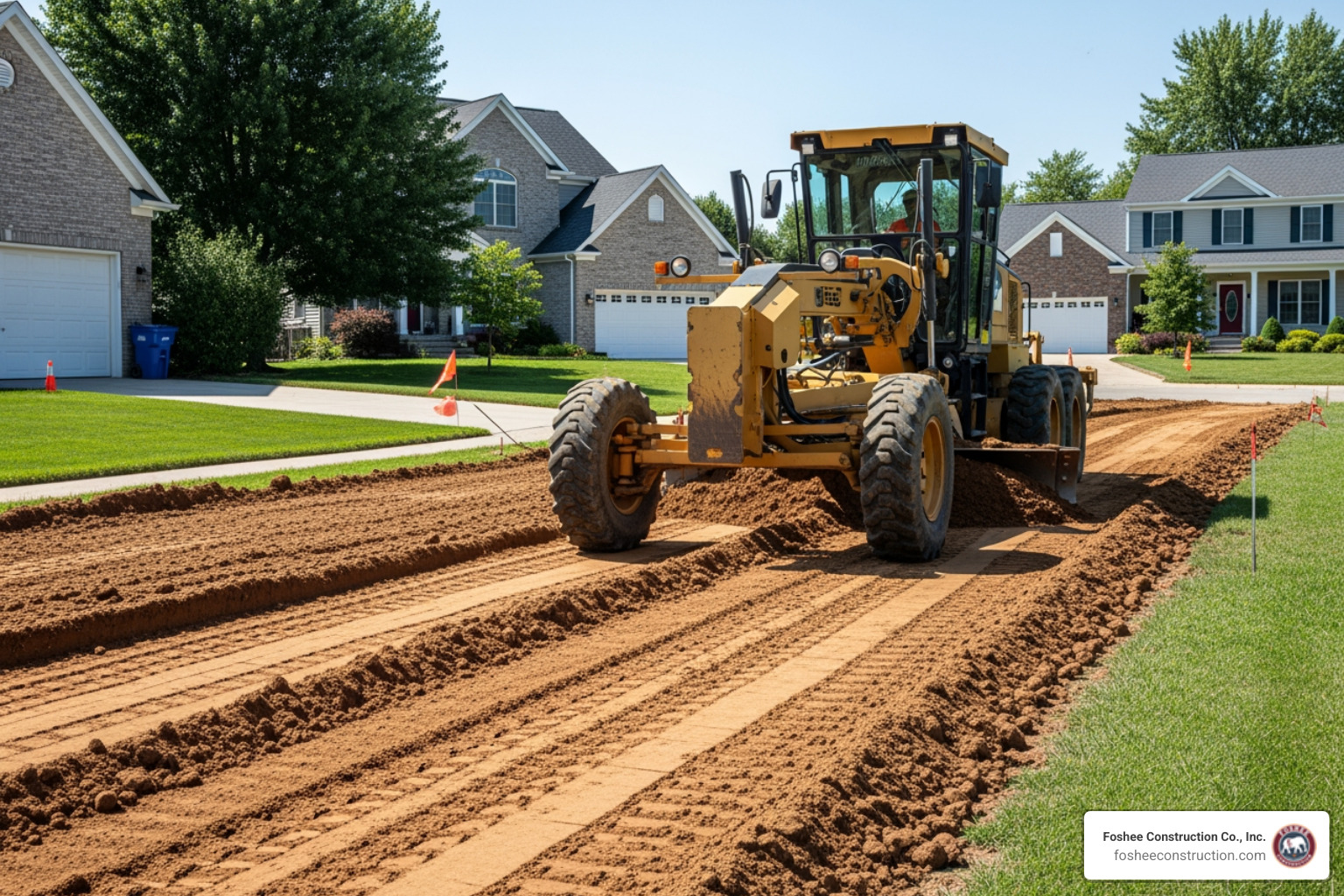 Motor grader leveling a residential path for a new driveway - driveway grading services Motor grader leveling a residential path for a new driveway - driveway grading services